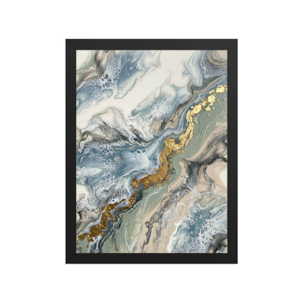 'Golden Fracture' — a Abstract art print. A calming light blue and white abstract artwork with a jagged gold fracture, perfect for a Bathroom.