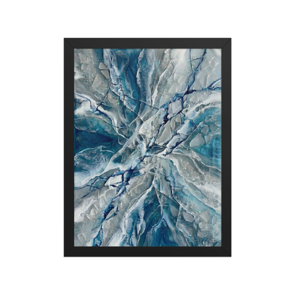 'Shattered Frost' — a Abstract art print. A striking blue and white abstract artwork resembling shattered ice, perfect for a Bathroom.