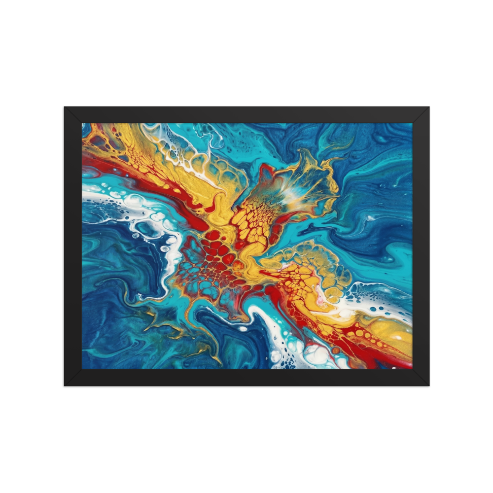'Crimson Splash' — a Abstract art print. A vibrant red, gold, and blue fluid abstract artwork, perfect for a Living Room.