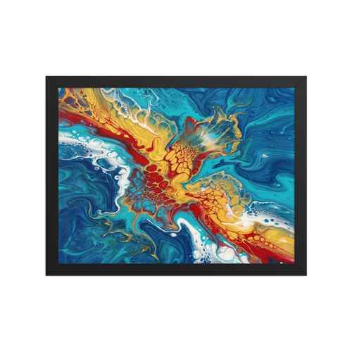 'Crimson Splash' — a Abstract art print. A vibrant red, gold, and blue fluid abstract artwork, perfect for a Living Room.