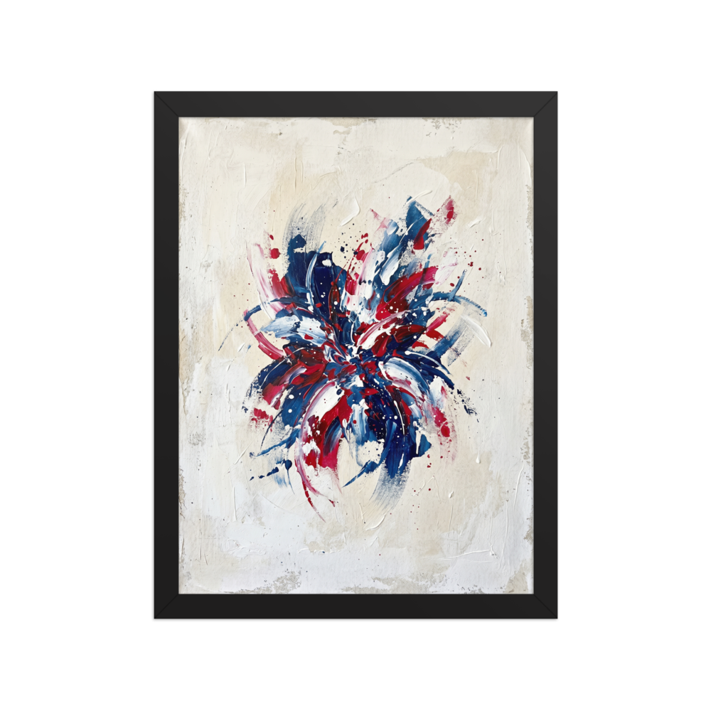 'Patriotic Burst' — a Abstract expressionism print. An abstract painting featuring an explosive burst of red, white, and blue paint on a beige background, perfect for a modern living room.
