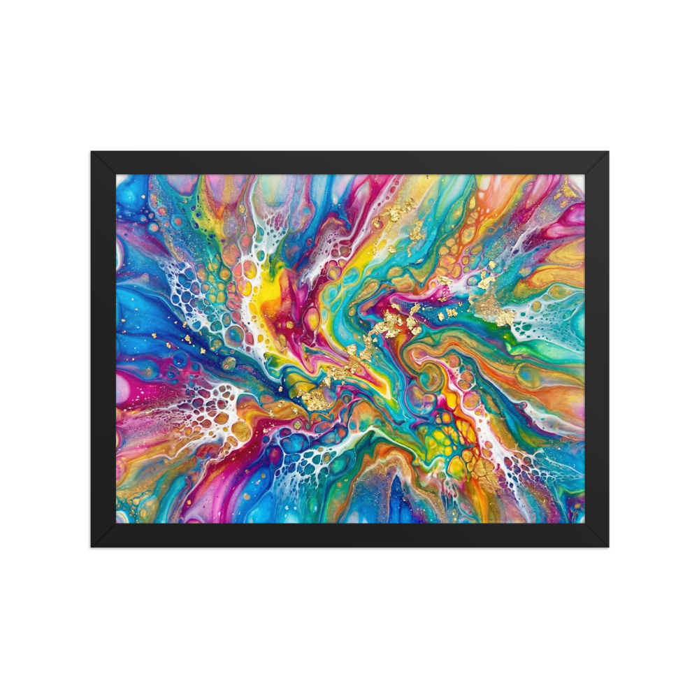 'Rainbow Burst' — a Abstract art print. A highly colorful rainbow abstract artwork with gold flakes, perfect for a Game Room.