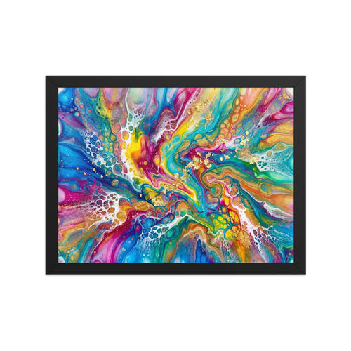 'Rainbow Burst' — a Abstract art print. A highly colorful rainbow abstract artwork with gold flakes, perfect for a Game Room.