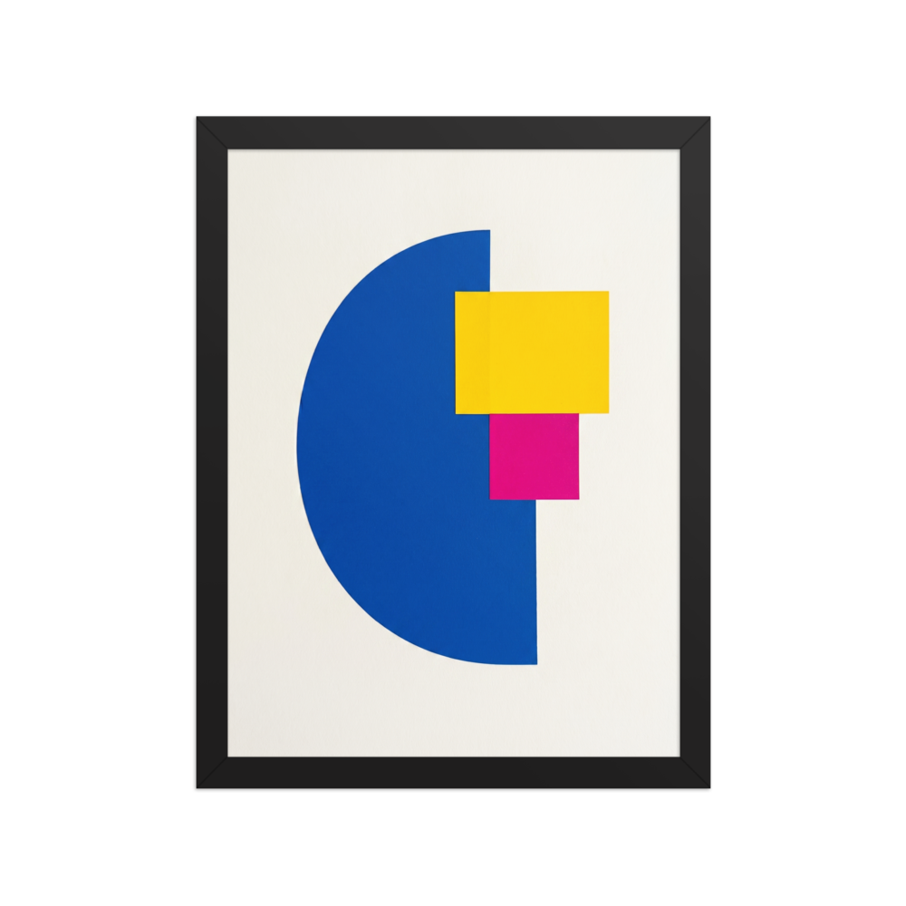 'Primary Intersection' — a Geometric abstract art print. Geometric abstract artwork showing a blue semi-circle, yellow rectangle, and magenta square arranged on a white background, perfect for a modern office.