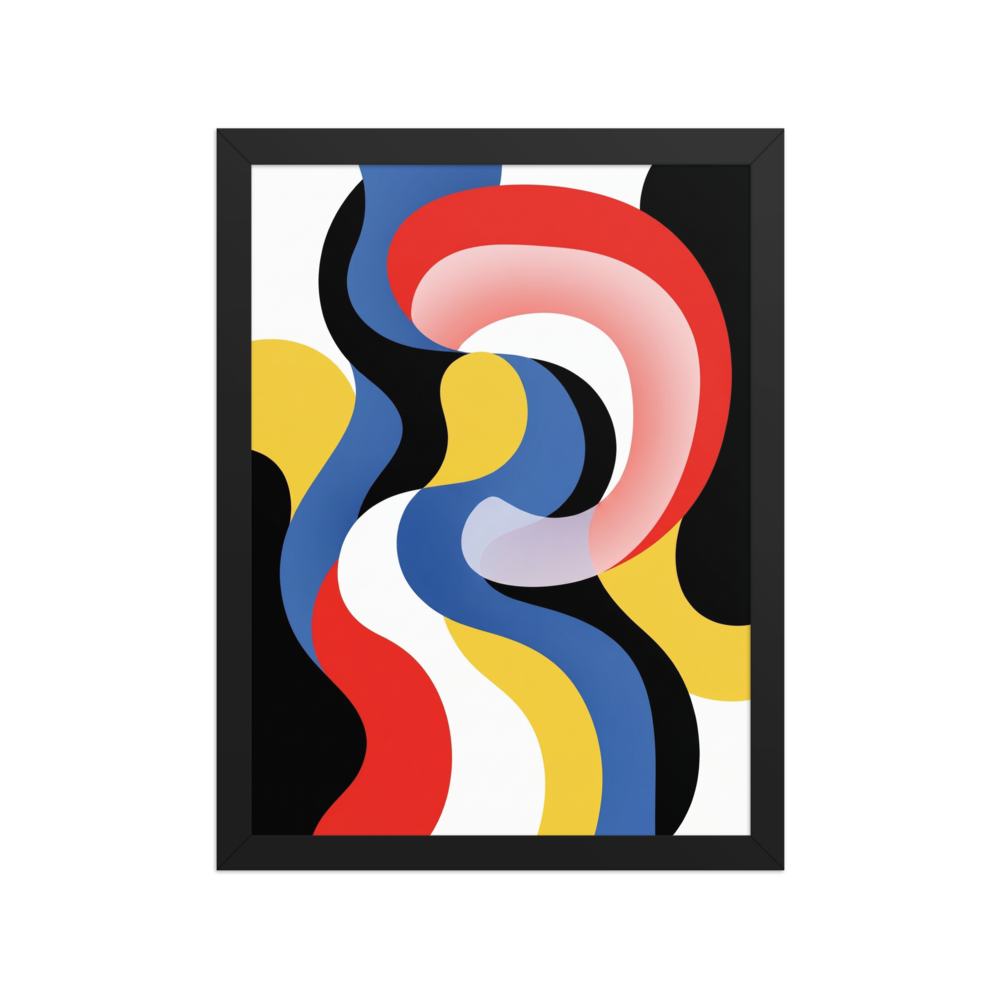 'Chromatic Flow' — a Op Art print. Abstract digital artwork featuring flowing, overlapping wavy bands in red, blue, yellow, black, and white.