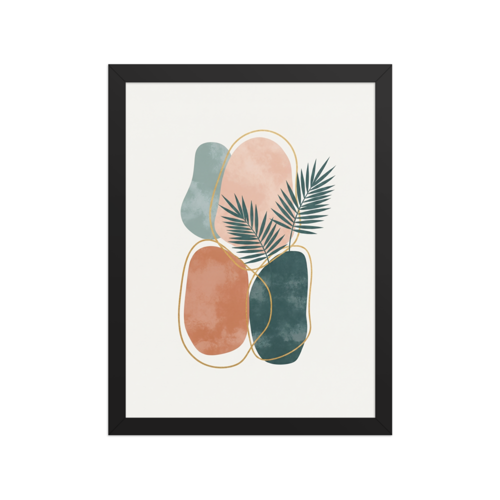 'Tropical Abstract Harmony' — a Minimalism print. Minimalist abstract art featuring organic shapes in blush, terracotta, and green, accented with gold lines and palm leaves.