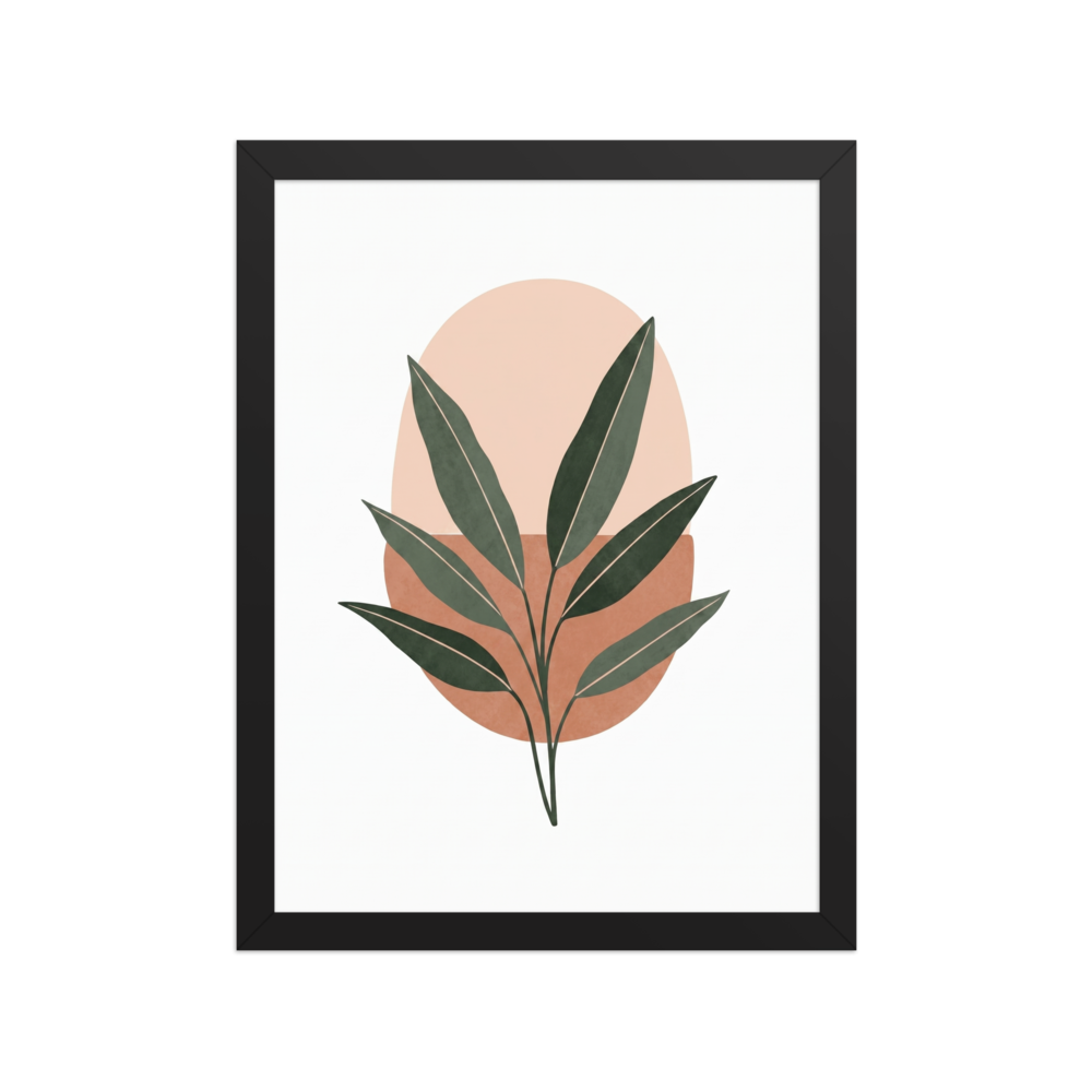 'Botanical Horizon' — a Minimalism print. Minimalist art featuring a dark green leafy branch over a peach and terracotta oval background, perfect for a cozy entryway.