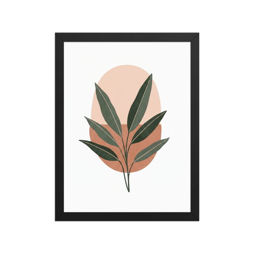 'Botanical Horizon' — a Minimalism print. Minimalist art featuring a dark green leafy branch over a peach and terracotta oval background, perfect for a cozy entryway.