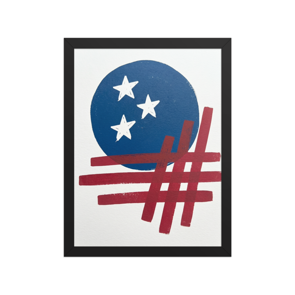 'Patriotic Abstraction' — a Abstract art print. Minimalist patriotic art featuring a blue circle with three white stars and intersecting red brushstrokes on a white background.