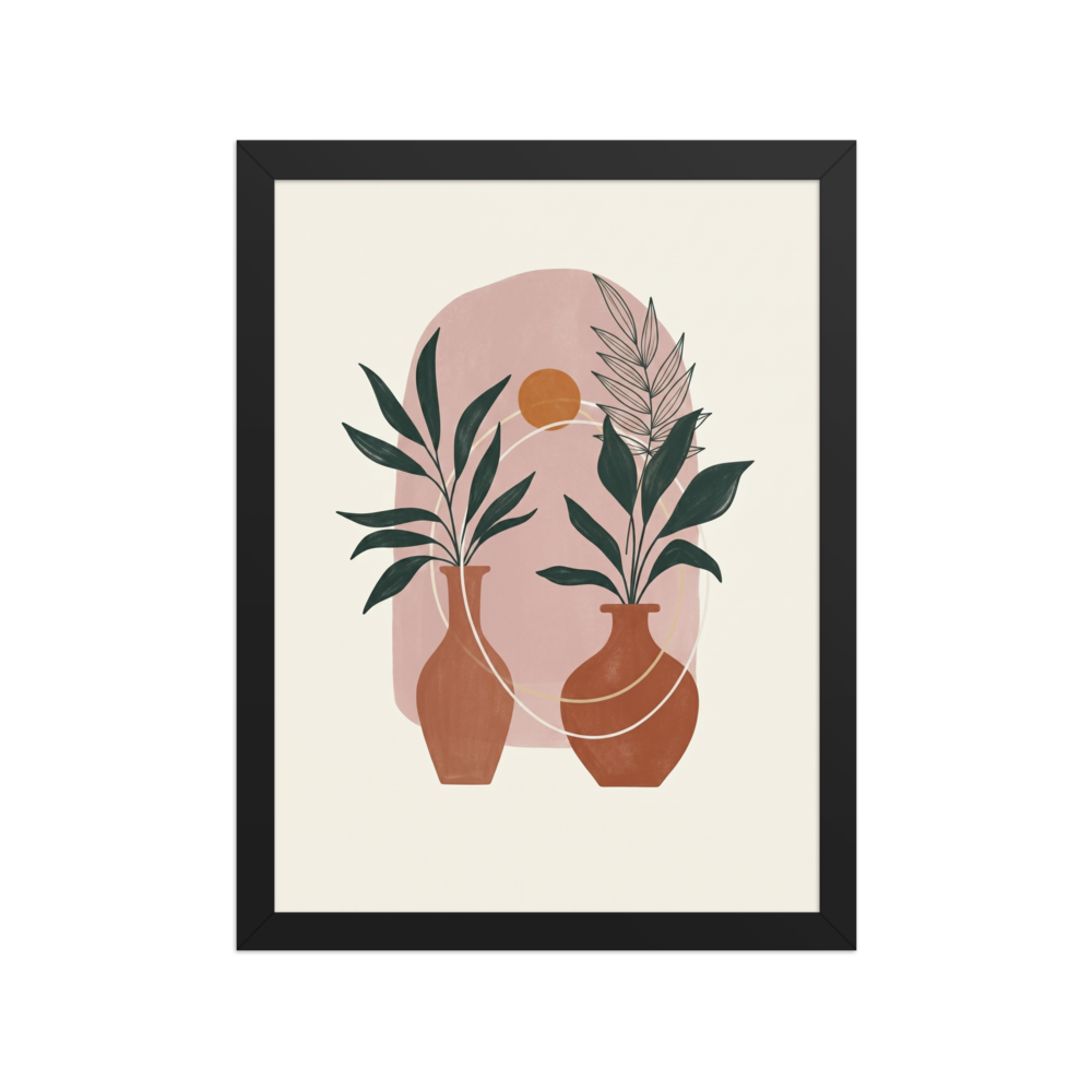 'Desert Oasis Botanicals' — a Minimalism print. Minimalist boho art featuring terracotta vases with green plants against a dusty pink arch and a small orange sun.
