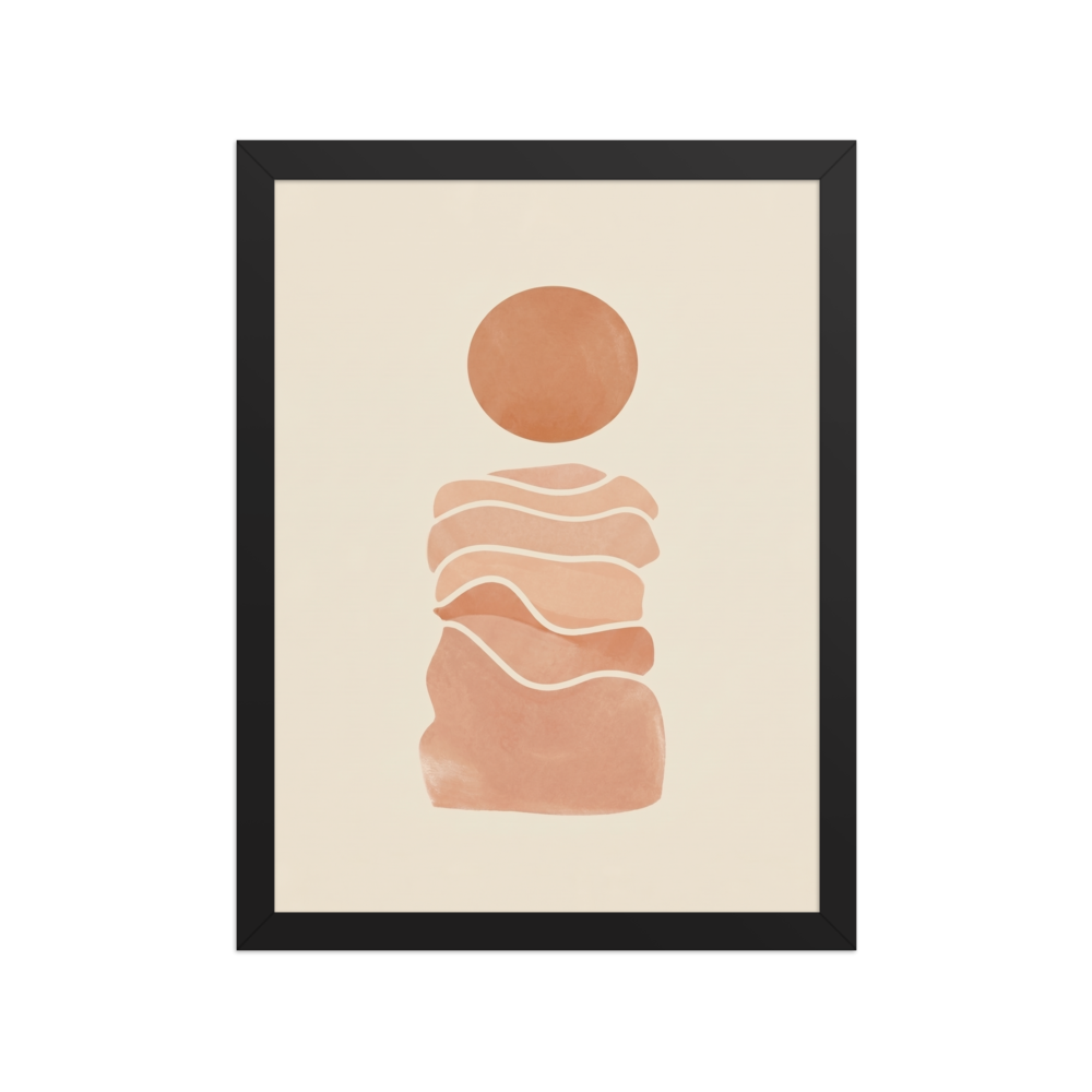'Desert Sun Reverie' — a Minimalism print. Minimalist abstract landscape featuring wavy terracotta layers and a burnt orange sun on a beige background.
