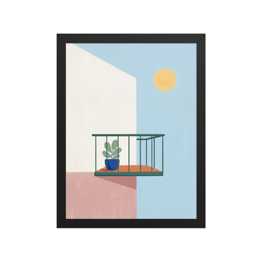'Sunlit Balcony' — a Minimalism print. Minimalist architectural illustration of a green balcony with a potted plant against white and pink walls under a bright yellow sun.