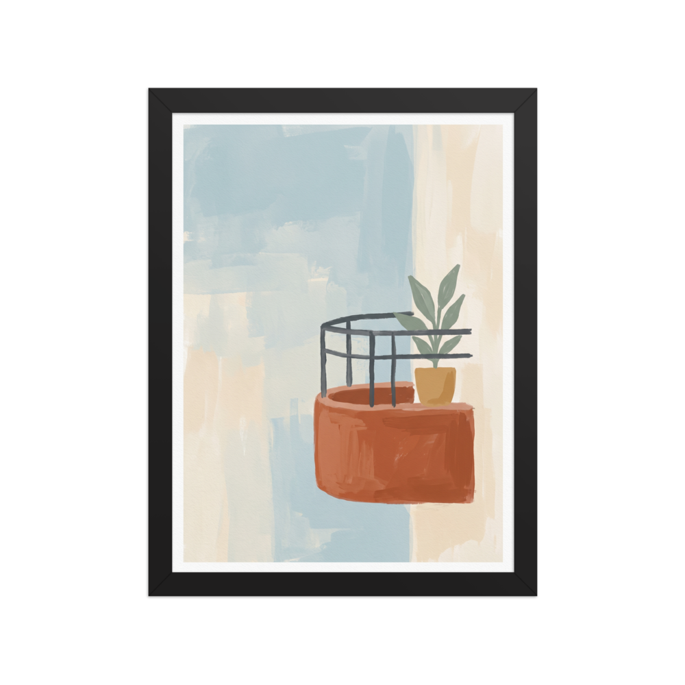 'Balcony Impression' — a Abstract art print. Abstract painting of a terracotta balcony with a potted plant against a soft blue and beige background.
