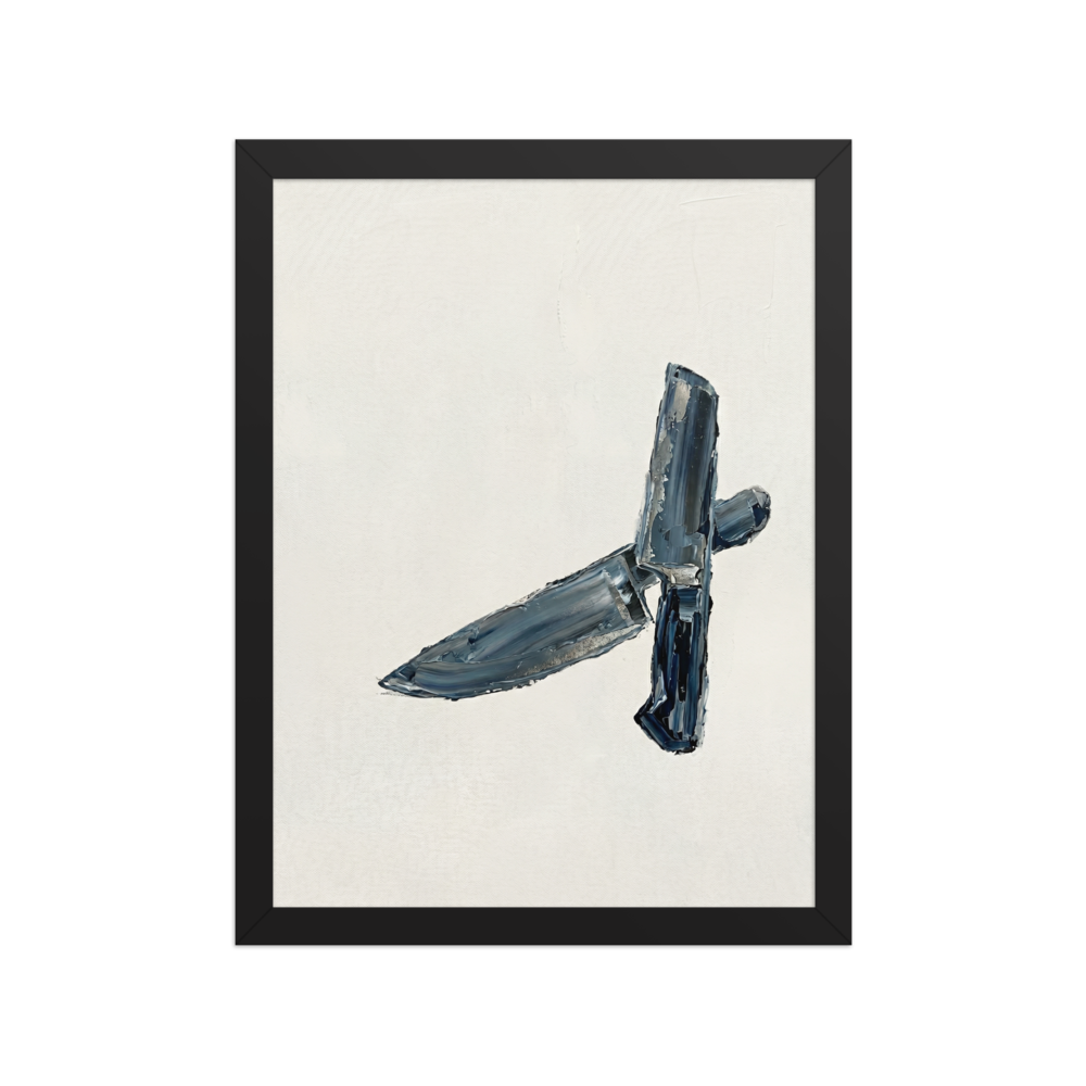 'Culinary Precision' — a Minimalism print. Minimalist impasto painting of two crossed chef's knives in dark grey and silver against an off-white background.