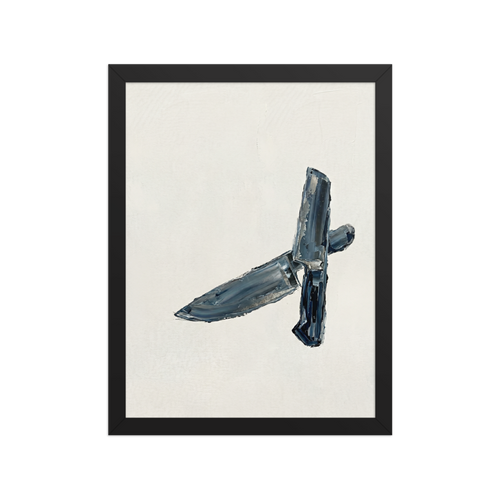 'Culinary Precision' — a Minimalism print. Minimalist impasto painting of two crossed chef's knives in dark grey and silver against an off-white background.