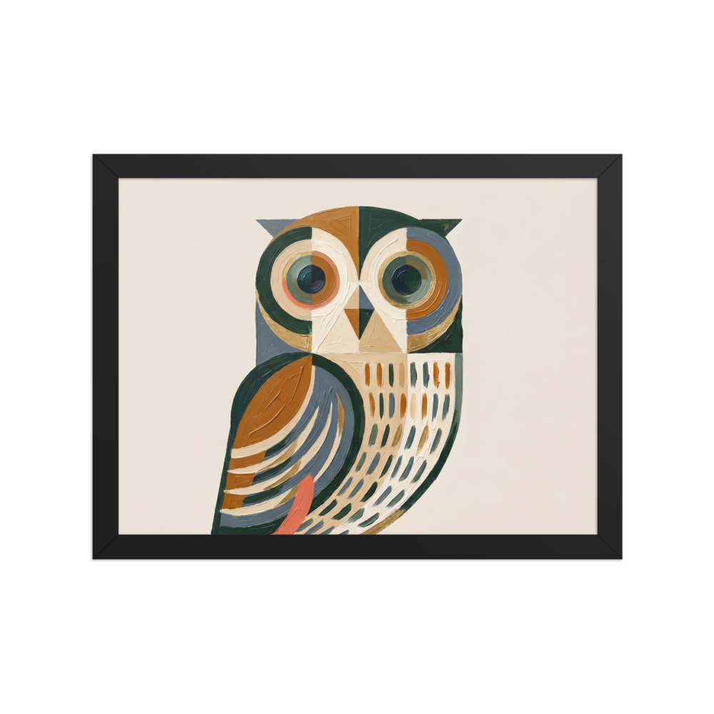 'Geometric Owl' — a Minimalism,Cubism print. An abstract geometric painting of an owl with large circular eyes, rendered in thick brushstrokes of green, brown, grey, and gold against a beige background. Perfect for a modern office.