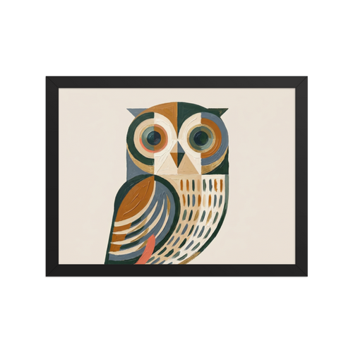 'Geometric Owl' — a Minimalism,Cubism print. An abstract geometric painting of an owl with large circular eyes, rendered in thick brushstrokes of green, brown, grey, and gold against a beige background. Perfect for a modern office.