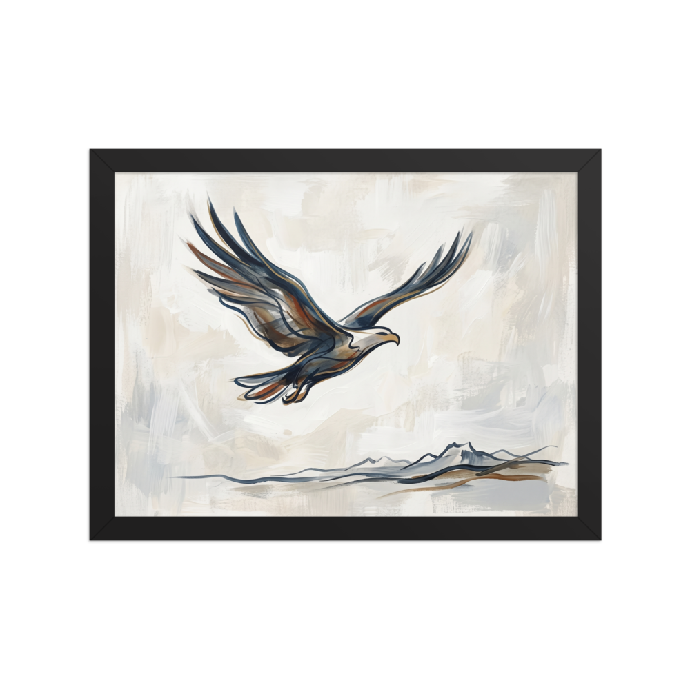 'Soaring Eagle' — a Minimalism,Lyrical abstraction print. A minimalist painting of an eagle in flight, created with bold, sweeping strokes of blue and brown over a subtle mountain outline, suitable for a serene living room.