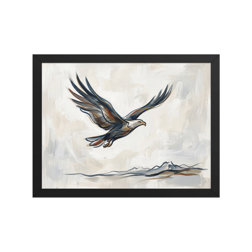 'Soaring Eagle' — a Minimalism,Lyrical abstraction print. A minimalist painting of an eagle in flight, created with bold, sweeping strokes of blue and brown over a subtle mountain outline, suitable for a serene living room.