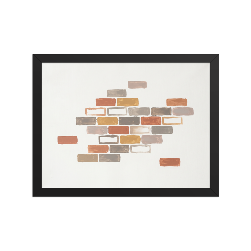 'Floating Foundations' — a Minimalism,Geometric abstract art print. A minimalist abstract painting featuring scattered rectangular brick-like shapes in terracotta, grey, and ochre against a solid white background, ideal for a modern living room.