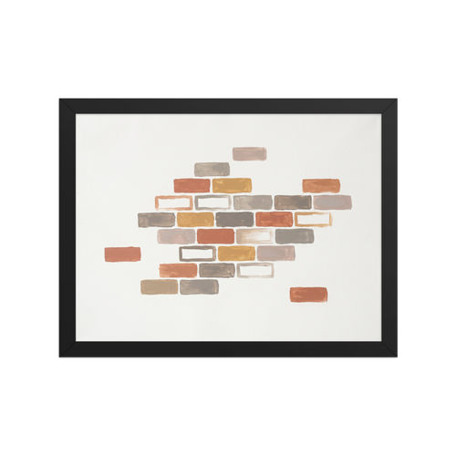 'Floating Foundations' — a Minimalism,Geometric abstract art print. A minimalist abstract painting featuring scattered rectangular brick-like shapes in terracotta, grey, and ochre against a solid white background, ideal for a modern living room.