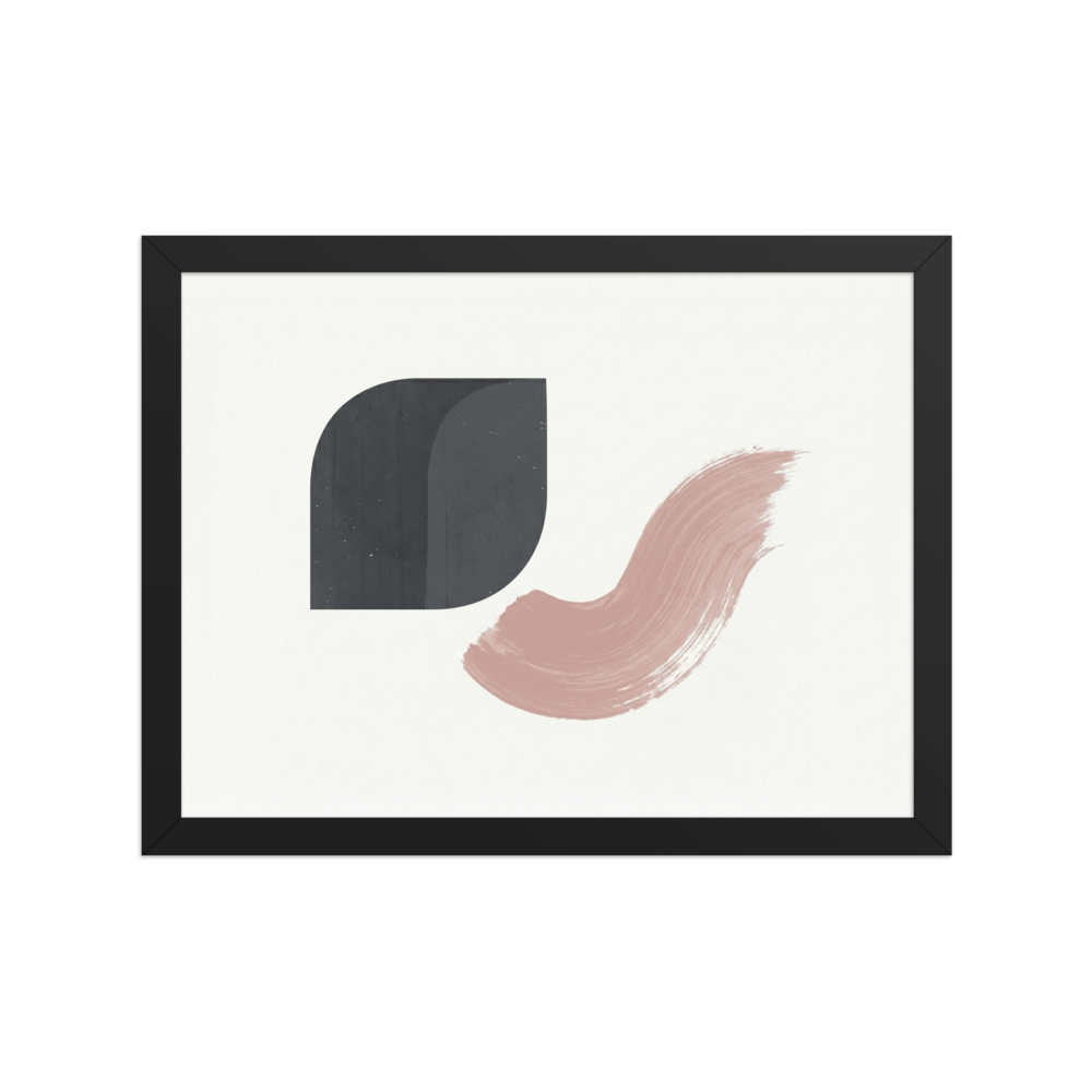 'Geometric Blush' — a Minimalism,Geometric abstract art print. A minimalist abstract painting featuring a solid dark grey rounded geometric shape and a swooping dusty pink brushstroke on a textured white background. Excellent for a modern bedroom.