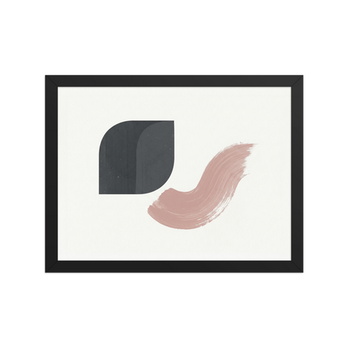 'Geometric Blush' — a Minimalism,Geometric abstract art print. A minimalist abstract painting featuring a solid dark grey rounded geometric shape and a swooping dusty pink brushstroke on a textured white background. Excellent for a modern bedroom.