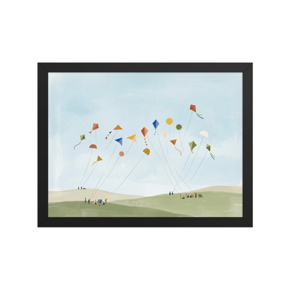 'Kite Festival' — a Minimalism,Naive art print. A playful minimalist painting showing numerous colorful geometric kites flying high in a light blue sky, held by tiny figures on soft green and beige hills. Perfect for a nursery or playroom.