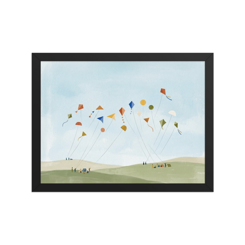 'Kite Festival' — a Minimalism,Naive art print. A playful minimalist painting showing numerous colorful geometric kites flying high in a light blue sky, held by tiny figures on soft green and beige hills. Perfect for a nursery or playroom.