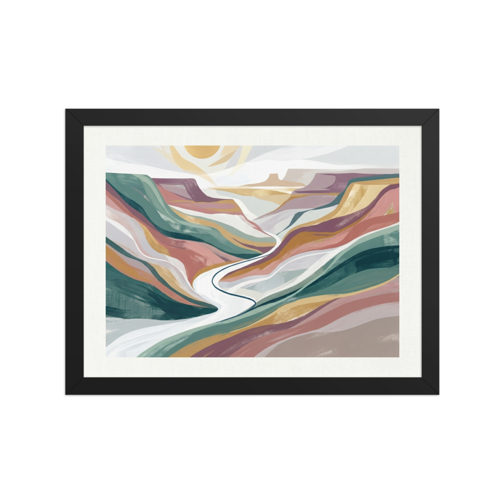 'Winding Valley' — a Minimalism,American Scene Painting print. An abstract minimalist painting of a canyon valley with layered colorful bands of teal, mauve, and ochre, with a winding white river under a bright sun. Perfect for a calming living room.