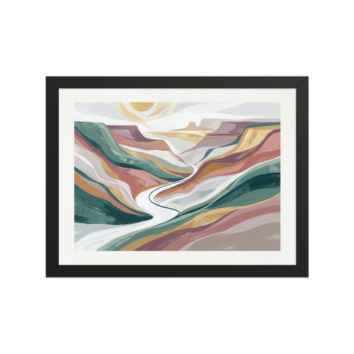 'Winding Valley' — a Minimalism,American Scene Painting print. An abstract minimalist painting of a canyon valley with layered colorful bands of teal, mauve, and ochre, with a winding white river under a bright sun. Perfect for a calming living room.