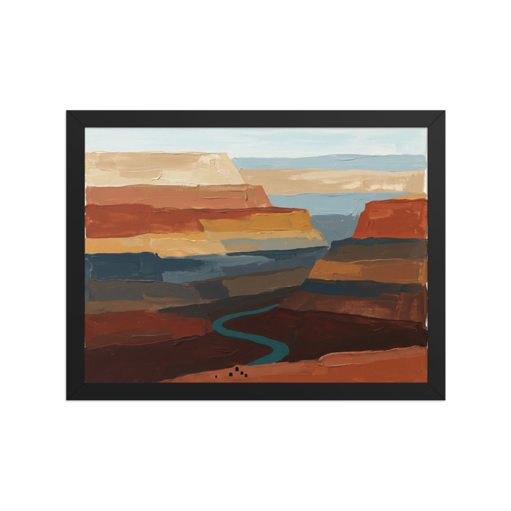 'Deep Canyon River' — a Expressionism,Impressionism print. An impasto style landscape painting of a grand canyon featuring thick horizontal brushstrokes of brown, terracotta, and ochre, with a winding turquoise river at the bottom. Great for a rustic den.