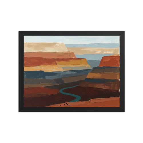 'Deep Canyon River' — a Expressionism,Impressionism print. An impasto style landscape painting of a grand canyon featuring thick horizontal brushstrokes of brown, terracotta, and ochre, with a winding turquoise river at the bottom. Great for a rustic den.