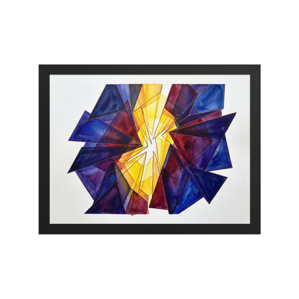 'The Long Hour' — a Abstract art print. Abstract arrangement of broken blue, red, and yellow stained glass radiating outward, ideal for a brightly lit Sunroom / Conservatory.