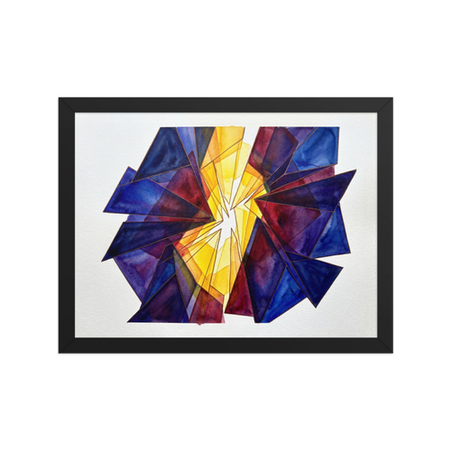 'The Long Hour' — a Abstract art print. Abstract arrangement of broken blue, red, and yellow stained glass radiating outward, ideal for a brightly lit Sunroom / Conservatory.