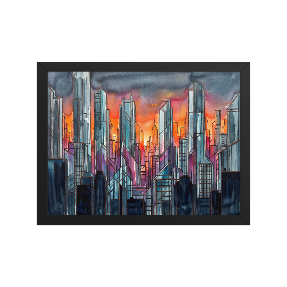 'City Skyline' — a Cubism,Abstract expressionism print. An abstract skyline of skyscrapers reflecting deep blues and fiery oranges at sunset, suited for a modern Loft / Attic.