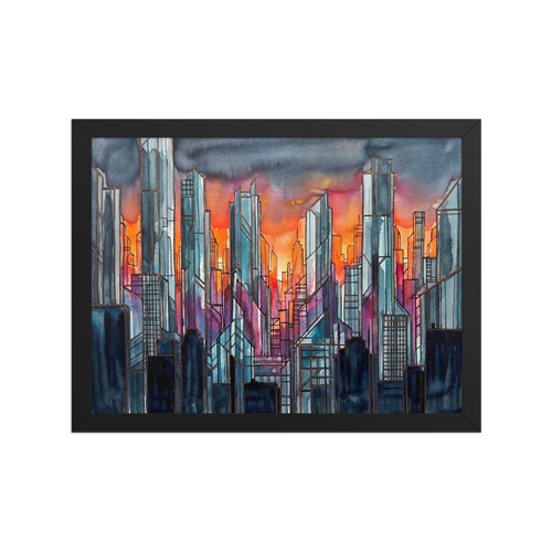 'City Skyline' — a Cubism,Abstract expressionism print. An abstract skyline of skyscrapers reflecting deep blues and fiery oranges at sunset, suited for a modern Loft / Attic.