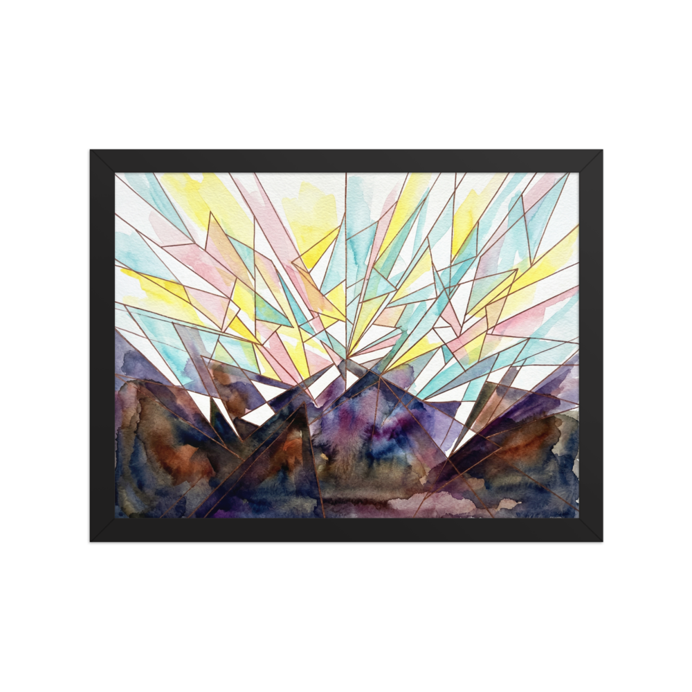 'Symphony' — a Geometric abstract art print. Abstract sunburst featuring delicate geometric shards of pastel and deep violet colors, ideal for a serene Meditation Room / Zen Space.