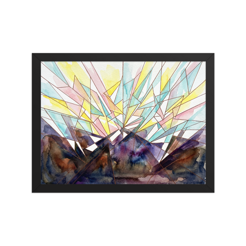 'Symphony' — a Geometric abstract art print. Abstract sunburst featuring delicate geometric shards of pastel and deep violet colors, ideal for a serene Meditation Room / Zen Space.