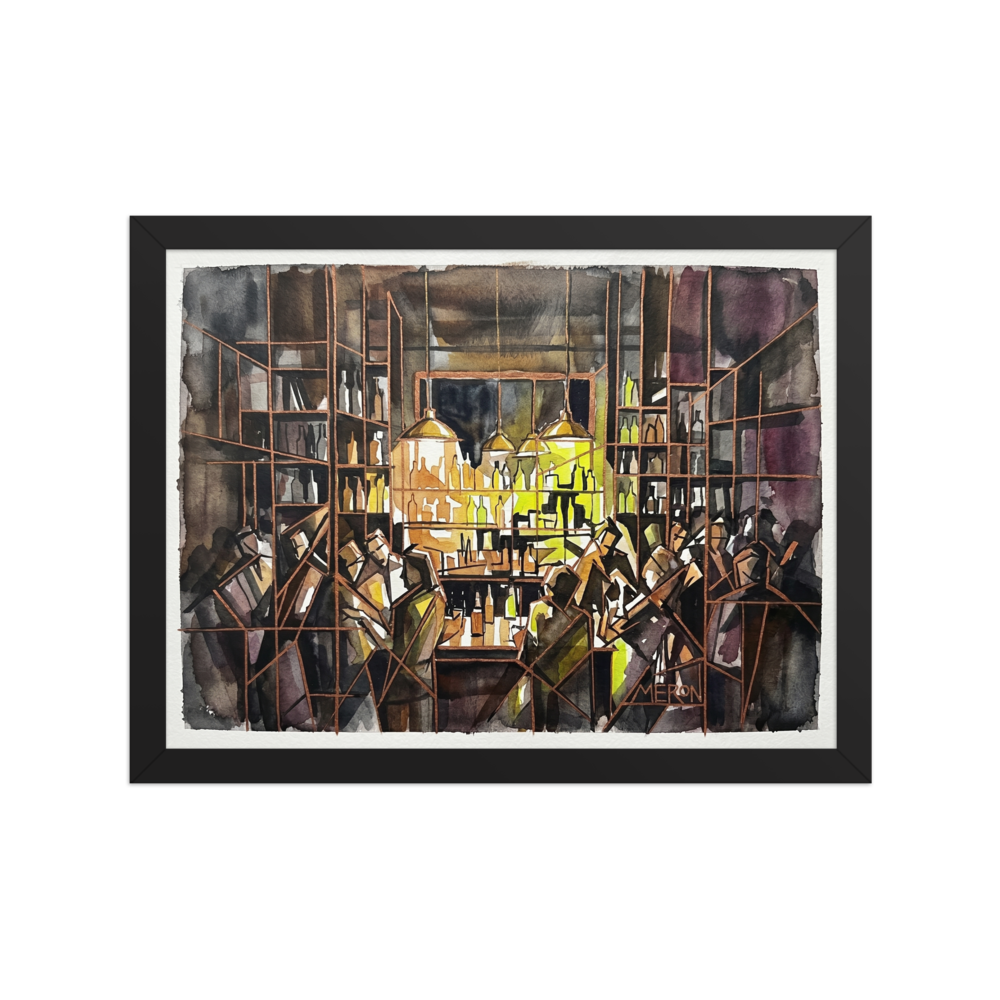'The Bar at Midnight' — a Cubism print. A chaotic, abstract scene of patrons at a bar illuminated by an amber glow, perfect for a Home Bar / Cellar.