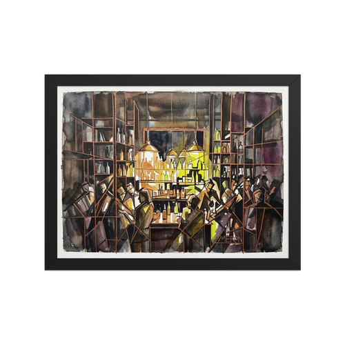 'The Bar at Midnight' — a Cubism print. A chaotic, abstract scene of patrons at a bar illuminated by an amber glow, perfect for a Home Bar / Cellar.