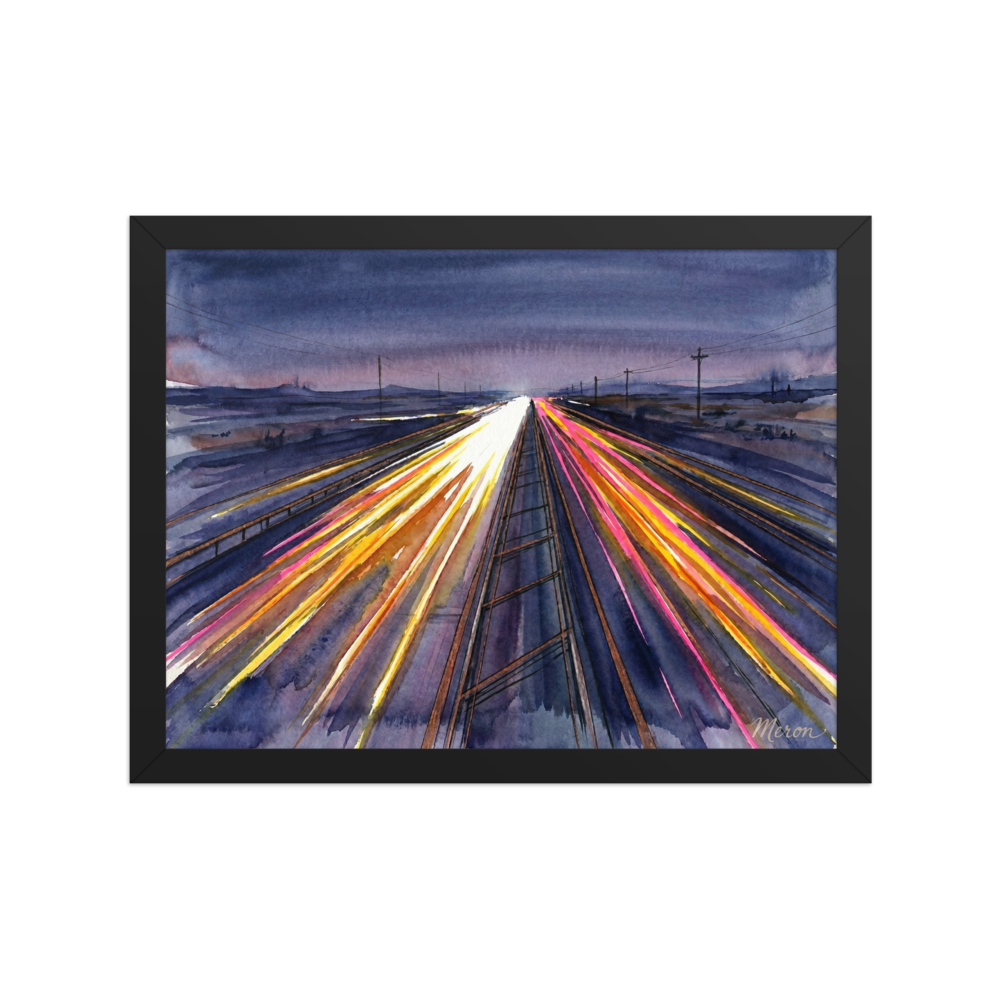 'The American Interstate' — a Futurism print. Long exposure style abstract of a highway at dusk with glowing neon light trails, suited for a Game Room or modern Living Room.