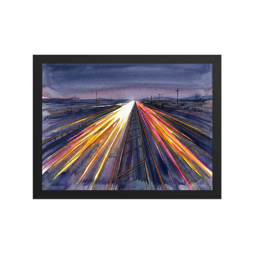 'The American Interstate' — a Futurism print. Long exposure style abstract of a highway at dusk with glowing neon light trails, suited for a Game Room or modern Living Room.