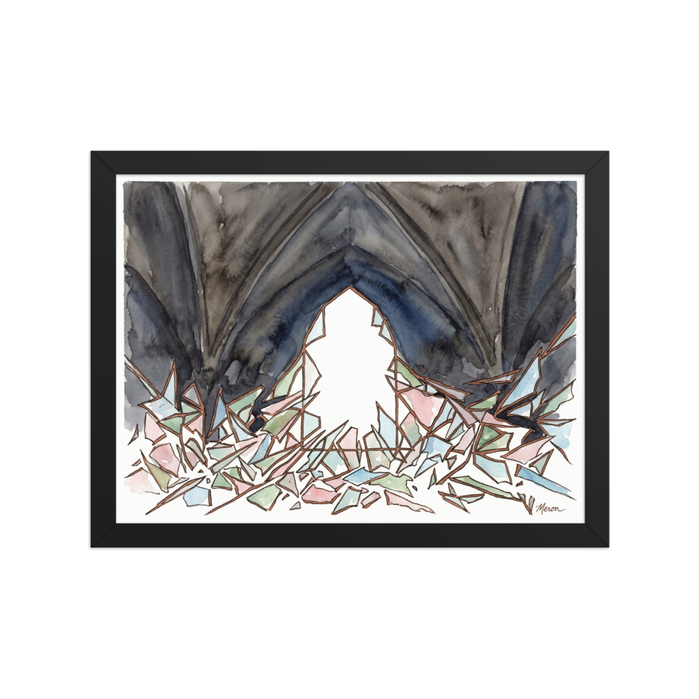 'The Shattered Window' — a Abstract expressionism print. Abstract illustration of an arched window with broken glass scattered on the ground, ideal for an Entryway or Library.