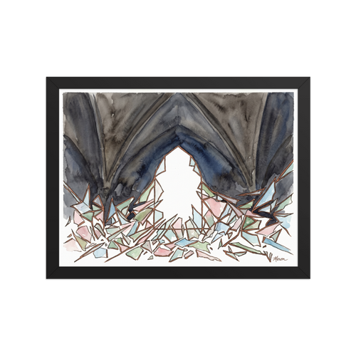 'The Shattered Window' — a Abstract expressionism print. Abstract illustration of an arched window with broken glass scattered on the ground, ideal for an Entryway or Library.