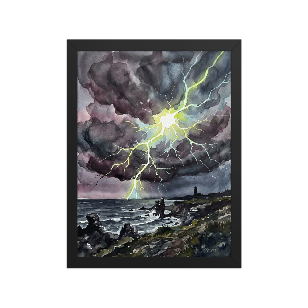 'Coastal Thunderstorm II' — a Expressionism print. A watercolor painting of a massive lightning strike illuminating a dark coastal scene and distant lighthouse, perfect for a bold Living Room.