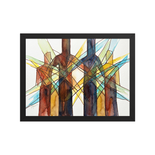 'Family Structure' — a Cubism print. Abstract watercolor of human figures connected by intersecting light rays, ideal for a Home Office or Creative Studio.
