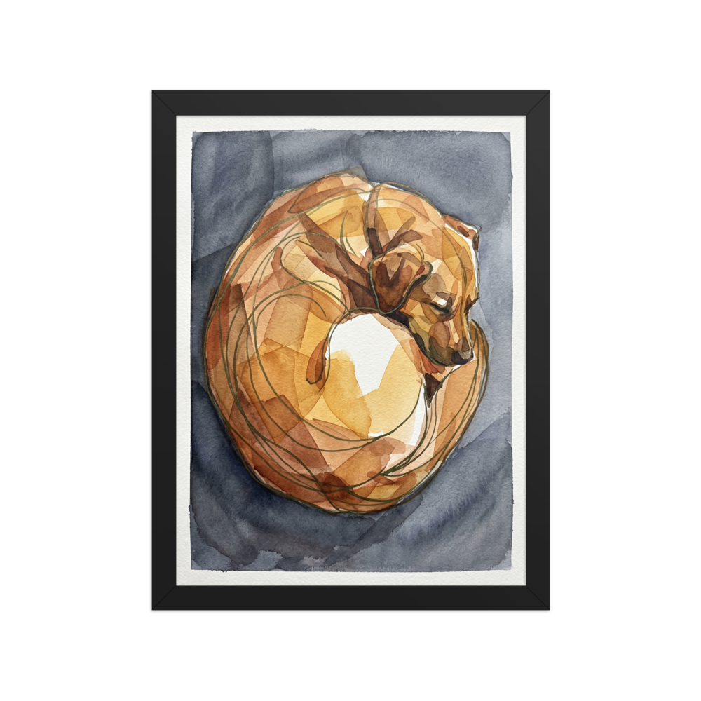 'The Sleeping Dog' — a Cubism print. A watercolor painting of a sleeping dog composed of faceted amber and brown shapes, perfect for a cozy Living Room or Bedroom.