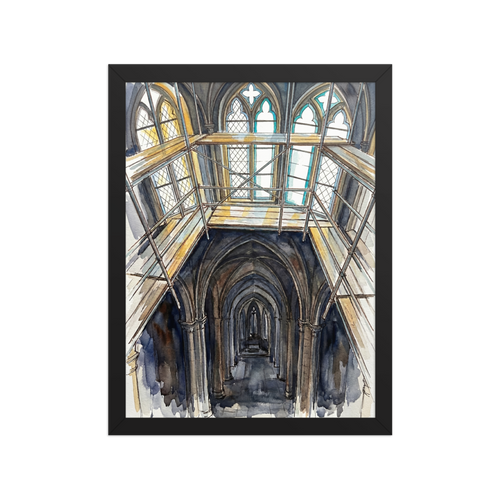 'The Scaffolding Apprenticeship' — a Realism,Abstract expressionism print. A watercolor illustration of an intricate gothic cathedral interior covered in wooden scaffolding, ideal for a Library or Office.