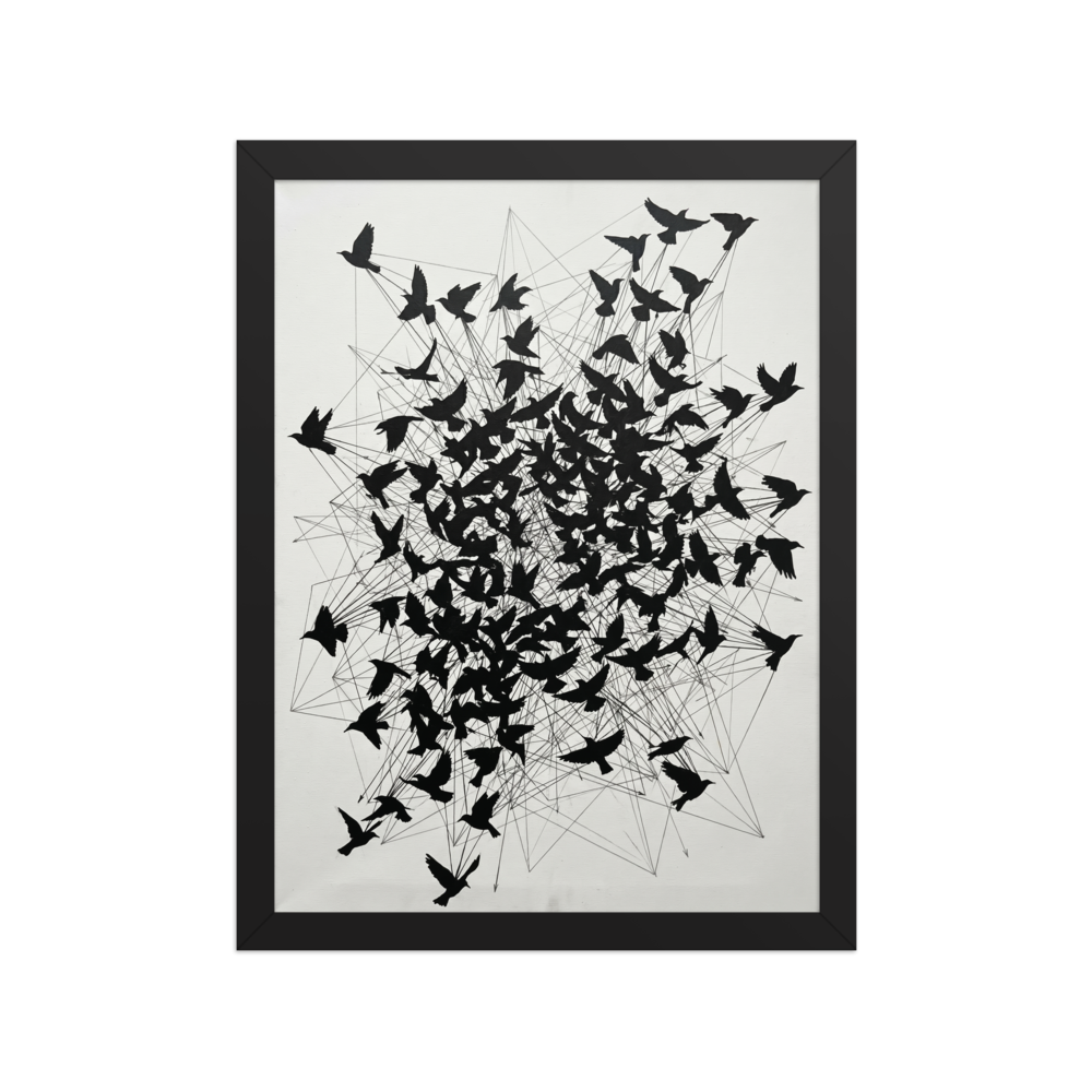'Avian Network' — a Abstract art print. Abstract black bird silhouettes connected by intersecting lines on a white background, perfect for adding a striking modern touch to a living room.